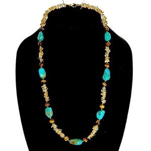 TURQUOISE CITRON CAT EYE gemstones necklace 24" long gorgeous vintage